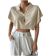 WDIRARA Women's Collar V Neck Short Sleeve Crop Knitted Top Casual Tops T-Shirt