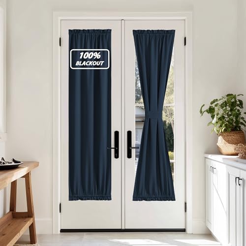 NICETOWN 100% Blackout Door Curtain Thermal Insulated Privacy Curtain for French Front Door with Tieback, Room Darkening Window Covering for Kitchen,