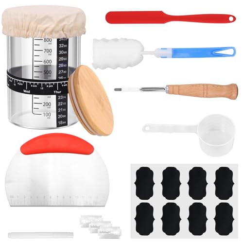 ZJRDYYK Sourdough Starter Jar Kit, Sourdough Bread Baking Supplies Kit Include Positioning Strap, Temperature Sticker, Cloth Cover & Wood Lid, Silicone Scraper, Measuring Spoon, Ect