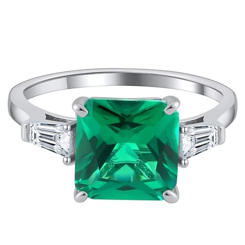 Created Green Emerald Ring for Women Sterling Silver 4 Ct Gemstone Engagement Rings for Women | May Birthstone or Bridal by Ginger Lyne |Faux Gem Stone Simulated Promise Bridal Jewelry