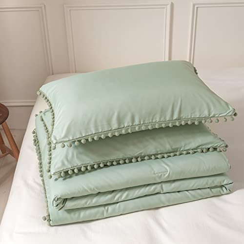 Sleepbella Sage Green King Size Comforter Set 5 Pcs, Ball Pom Fringe Design Comforter, Ultra Soft Microfiber Bedding (1 Boho Comforter, 2 Ball Pom Pillow Shams, 2 Pillow Cases) #TOP3