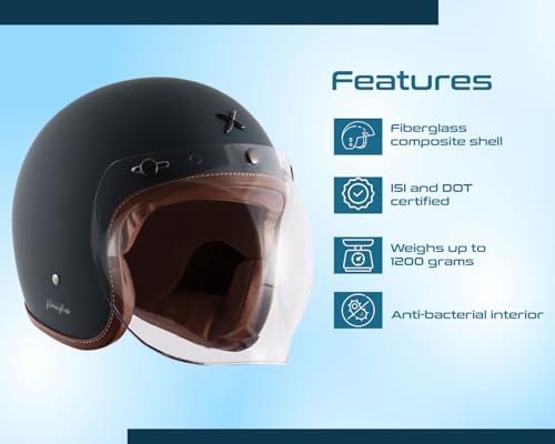 Image of Axor Retro Jet Leather ISI Dot Certified Lightweight Open Face Helmet for Men and Women with Clear Bubble Visor Dull Slate(L)