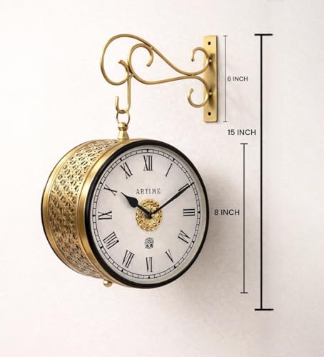 Image of Handcrafted Double Side Metal Analog Vintage Wall Clock,Hand Jali Cutting | 1.5 Year Machine Warranty |65470- Size INCHES | 1 Side Number 1 Side Roman,Colour Golden Size 8 inch