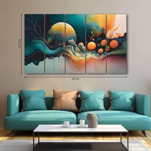 Image of The Castle Decor Abstract Art Multiple Frames Wall Painting for Living Room, Bedroom, and Hotels - Wooden Framed Digital Artwork (Multi Color - Design 1, 27x48 Inch)