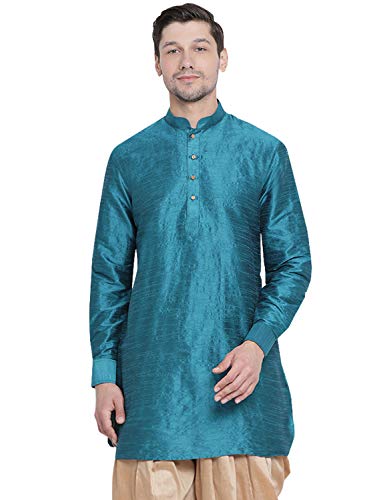 Image of Vastramay Men's Gold Curved Shape Pathani Style Silk Cotton Kurta - Mid-Length with Buttoned Cuff, Soft & Comfortable Ethnic Wear