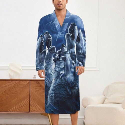 Wolves Howl at The Moon Soft Robe Long Sleeve Bathrobes V Neck Sleepwear Spa Robes with Belt Men Woman2