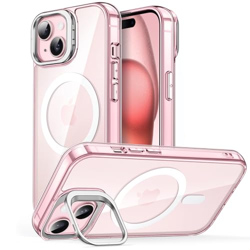 JETech キックスタンドケース iPhone 15 6.1インチ用 MagSafe対応 カメラリングスタンド内蔵 耐衝撃スマホバンパーカバー 傷防止 マグネット式 クリアバック (ピンク)