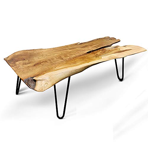StyleCraft Badang Carving Natural Wood Edge Teak Contemporary Coffee Cocktail Table with Clear Lacquer Finish and Metal Hairpin Legs for Living Room - Image 3