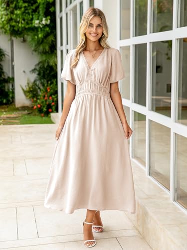 Image of Simplee Women's Summer Flowy Midi Dress Casual V Neck Short Sleeve Empire Waist Boho Beach Dress Wedding Guest Maxi Dress