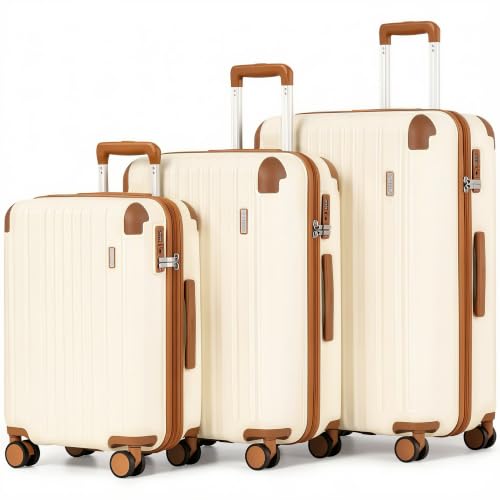 Image of Coolife Luggage Set, Light and Durable Hardshell, 3-Piece, Apricot White