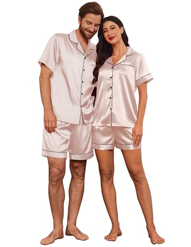 Image of Ekouaer Couple Matching Pajamas Sets Silk Short Sleeve Button Down Sleepwear Satin Pjs Shorts Set Soft Loungewear S-XXL