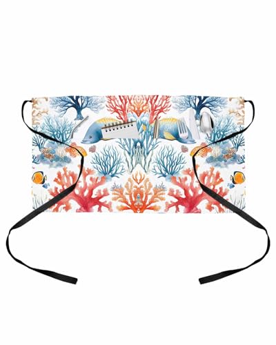 PIEPLE Red Blue Coral Coastal Server Apron Waitress Aprons with 3 Pockets, Nautical Summer Beach Fish Half Waist Waiter Aprons Restaurant Chef Aprons for Women Men