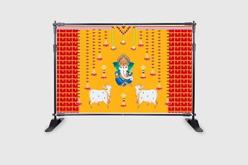 Image of Marigold Flower with Cows and Ganesh ji Design Backdrop Cloth for Pooja Decoration Traditional Background Curtain Cloth for Festival Size 5 Feet Height and 8 Feet Width(5 * 8)