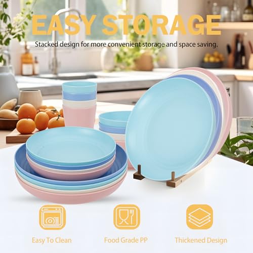 Image of Rubtlamp Wheat Straw Plates and Bowls sets, Reusable Plastic Plate Set for 4, Kitchen Wheat Straw Dinnerware Sets (Spring Four Colors) Include Dinner Platos, Dessert Platos, Cereal Bowls, Cups