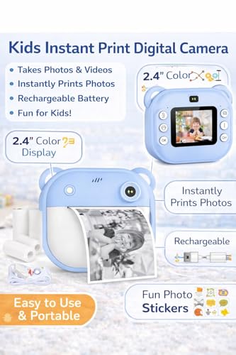 Image of Camera for Kids with Print | Kid Digital Camera for Photography & Videography with Color Display - Includes 2 Paper Rolls (Blue)