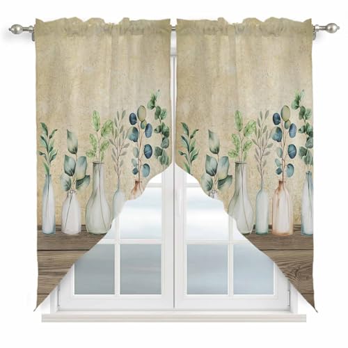 Farmhouse Botanical Swag Valances Kitchen Curtains 45 Inches Length, Tier Drapes Swag Topper, Bottles Plans Country Brown Wooden Grain Short Window Treatments for Bedroom Bathroom 2 Panels 36'x45'