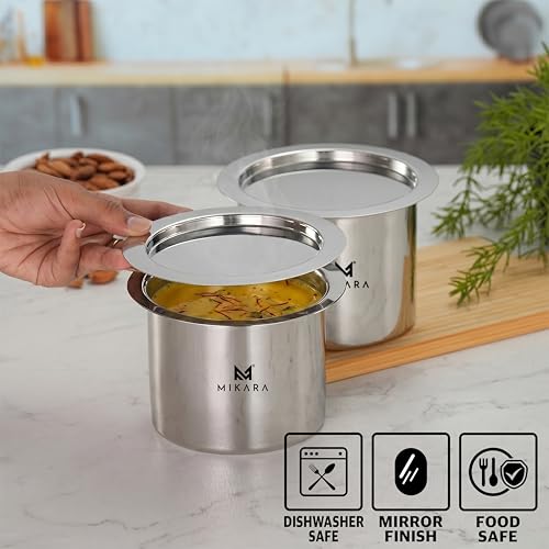 Image of MIKARA Stainless Steel Tope with Lid | Flat Bottom Patila | Heavy Duty Kitchen Cookware | for Gas & Induction Use | Strong, Durable & Multipurpose | Space Saving | 1150ml, 1400ml