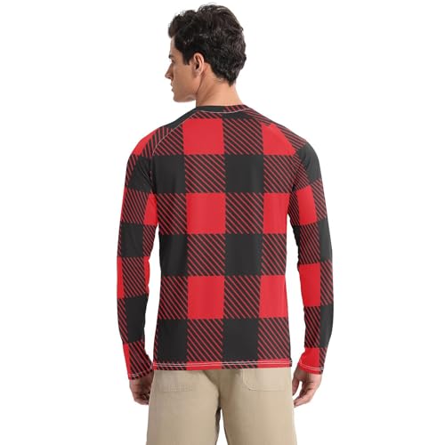 Red Black Plaid Men's UPF 50+ Quick Drying Round Neck UV Protection Long Sleeve Hiking2