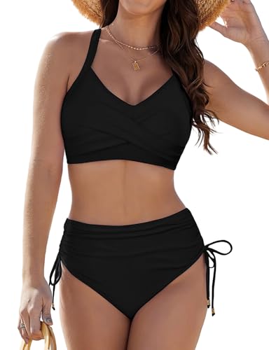 Womens Two Piece High Waisted Bikini Sets Crisscross Tie Back Bathing Suit Drawstring Tummy Control Swimsuits