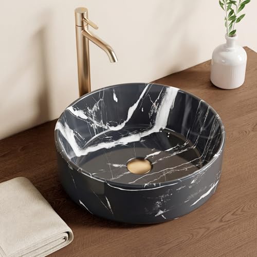 KES Bathroom Vessel Sink 16 Inch for Bathroom Bowl Sink Above Counter Round Countertop Mount Bathroom Sink RV Modern for Cabinet Lavatory Vanity Marble Black BVS121-MB