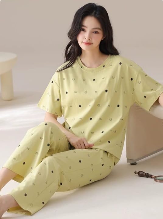Image of Celary Women's Korean Night Suit Set | Round Neck Full Sleeve Top & Printed Ankle Length Pyjama | Skin-Friendly Fabric Soft Breathable Stretchable Loungewear | M to 2XL