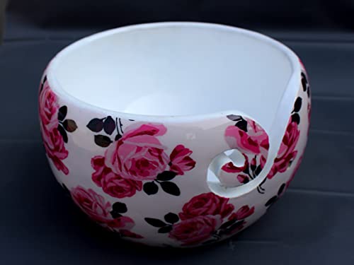 Image of Multi Purpose Wooden Yarn Bowl - Yarn Holder Rosewood - Knitting Bowl Handmade Wooden Yarn Bowl for Knitting and Crochet | Large Knitting Bowl Mother's Day Gift (Pink Flower)