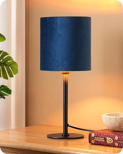 EDISHINE Lámpara de Mesita, Lámpara de Mesa con Base de Metal Negro y Pantalla de Terciopelo Azul Zafiro, incluye LED 2700K, Casquillo E27, para Salón, Dormitorio y Oficina, 38 cm