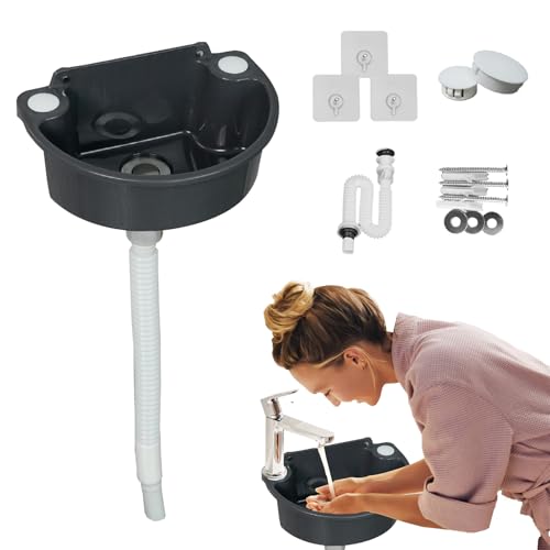 Ausgussbecken Kunststoff, Camping Waschbecken Wandmontage mit 75cm Abläufe Grau Halbkreis Waschbecken für Gäste WC Badezimmer Camping Garten Keller Baustellen 31x21x10.5cm
