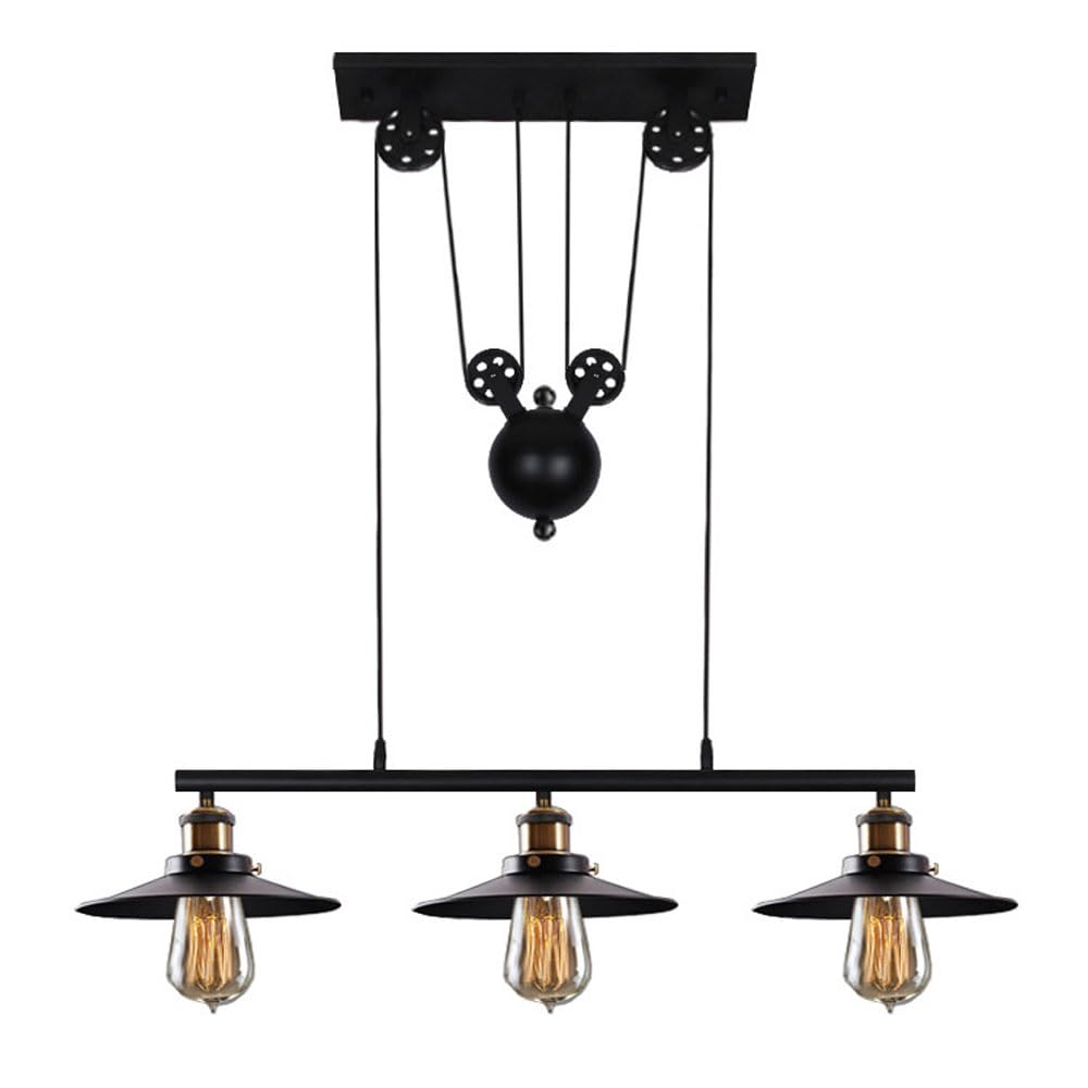 Lámpara Colgante Industrial Vintage, lámpara Colgante Retro con polea Ajustable para Subir y Bajar, candelabro Antiguo de Metal Negro con Forma de tubería de Agua.