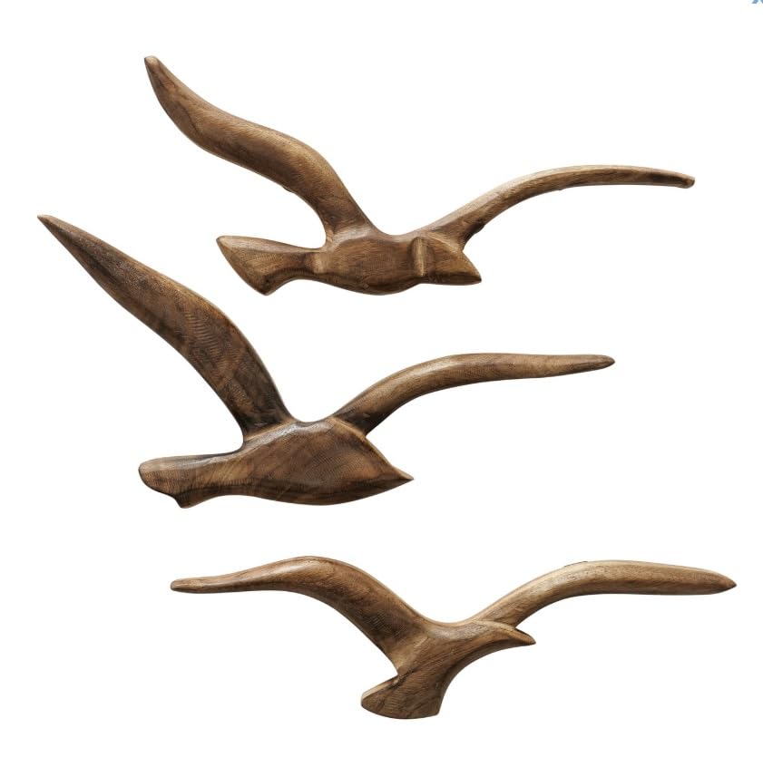 RiloStore Möwen 3er Set Holz braun Wanddekoration b362 Wanddeko 34-37cm Möwen Vögel Wandobjekt Vogel-Skulpturen Wandbild Dekovögel Metallvögel