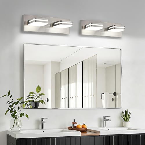 Image of Torondo 360 Rotate LED Bathroom Vanity Light Fixtures, Acrylic Vanity Lights for Bathroom, Modern Wall Lighting Fixtures Over Mirror Living, Brushed Nickel, Natural White, 2-Light, 14-Inch