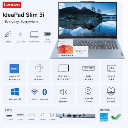 Image of Lenovo 15.6 inch Full HD IdeaPad Business Slim 3i Laptop, 2026-2027 Edition, Intel N150 CPU, 8GB LPDDR5 RAM, 128GB SSD, Windows 11 with Office 365