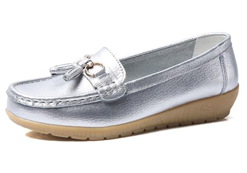 Solaud Femme Confort Cuir Mocassins Talon compensé Penny Loafers Respirants Légers Souples Décontracté Bureau Marche Chaussures Argent 39 EU