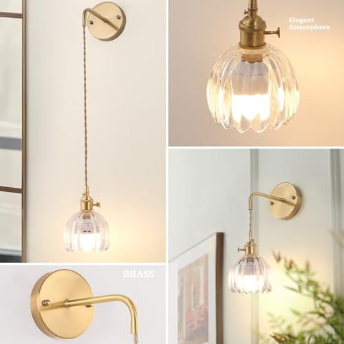 Image of Shenmoyl Battery Operated Wall Sconce with Clear Tulip Shade Pattern Glass Adjustable Chain Retro Gold Wall Mounted Light, Modern Wall Decor for Bedside Bedroom Indoor Doorway, Set of 2