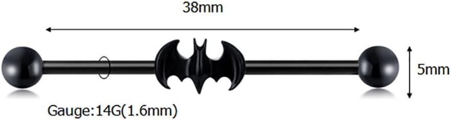 14G Black Bat Industrial Barbell Earrings Stainless Steel Cartilage Barbell Earrings Helix Conch Industrial Bar Body Piercing Jewelry for Women Men