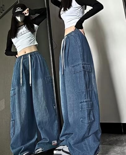 Cargo Jeans for Women Men Baggy Cargo Pants High Waisted Wide Leg Drawstring Pants Casual Grunge Streetwear 5