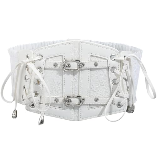 White Corset Belt Lace Up Faux Leather Wide Elastic Waist Belts Vintage Medieval Around Obi Trendy Waistband with Alloy Buckle Loosens Bulk for Women Dress Shirts Clothes Costume Accessories