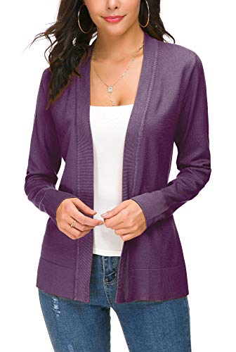 Women's Knit Cardigan Open Front Sweater Coat Long Sleeve (L, Purple) #TOP1