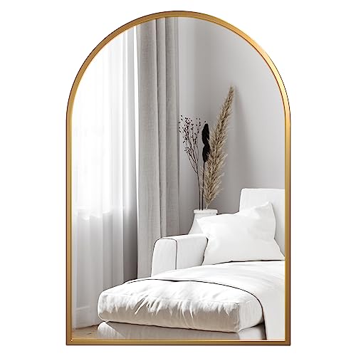Dripex Miroir Mural Arche, Grand Miroir de Maquillage 50×75cm avec Cadre en Alliage d'Aluminium pour Entrée Chambre Salon Salle de Bain Or