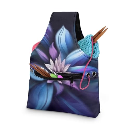 Image of KUIFORTI Boho Yarn Bag, Crochet Tote Bag, Purple Flower Yarn Storage Bag Organizer Travel Wrist Bag, Lightweight Yarn Tote Bags for Crocheting on The Go Knitting Accessories, Small Size
