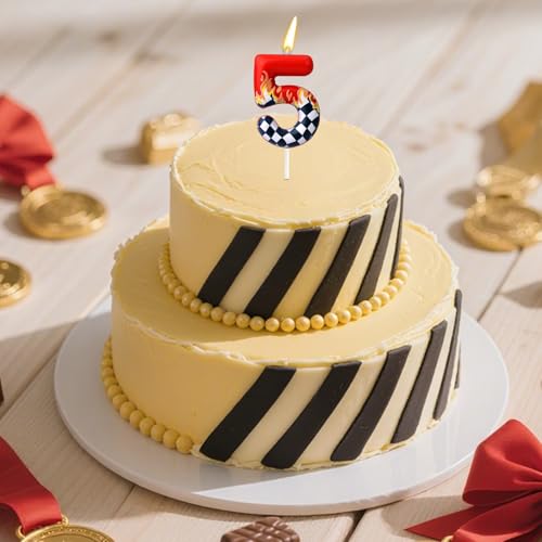 Geburtstagskerzen Zahlen mit Rennwagenmotiv, Schwarz-Weiß Karierte Kerze Rote Zahlenkerzen Rennwagen Partydekoration für Jungen Mädchen Mottoparty Zubehör (Nummer 5)