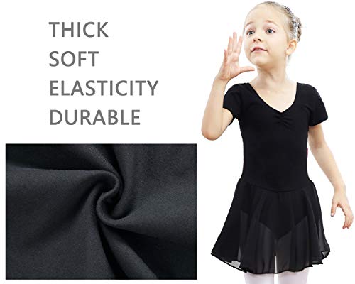 DIPUG Ballet Leotards for Girls Ballet Leotard With Skirt Toddler Dance Leotards Short Sleeve Black Size 6-7