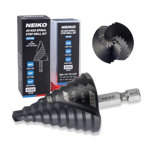 Image of NEIKO 10174B Step Drill Bit, 10 Steps 1 /4 inch to 1-3 /8 inch Spiral M35 Cobalt, AlTiSiN Coated, 1 /4 inch Quick Change Step Bits for Steel, Metal, Wood, Plastic, Unibit Cone Drill Bits, Two Flute