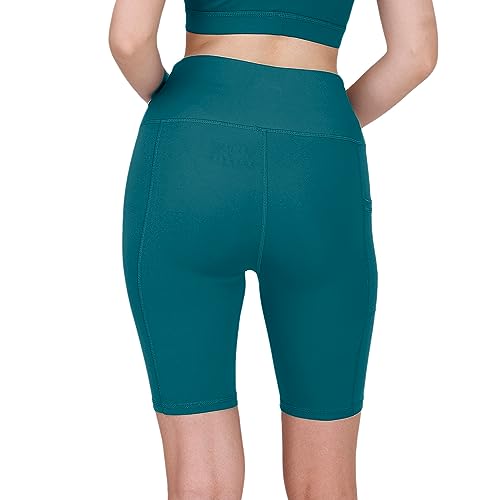 Image of SOIE Women Polyester Blend Sports Shorts High Waist Knee Length with Side Pocket Quick Dry Squat Proof Athleisure Shorts for Workout