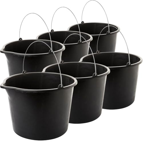 Sustania Juego de 6 cubos de construcción de 12 l con gancho de metal, robustos cubos de plástico negro para el hogar, el jardín y la industria, resistentes a los rayos UV y a la intemperie