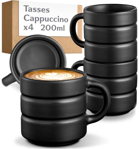 Cosumy Lot de 4 Tasse Cappuccino Noires - Tasse a Cafe Ceramique 200 ml