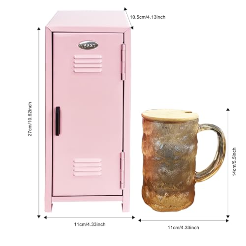 Image of Mini Locker with Lock Key Stickers Box Metal Small Locker Mini Locker Miniature Storage Girls Lockbox Desktop Storage Organizer for Cash Money Jewelry Safe Dollhouse Furniture Accessories (Pink)