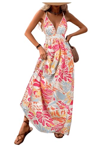 Image of MakeMeChic Women's Boho Maxi Dress Summer Luau Outfits Beach Wedding Guest Backless Sundress Flowy Resort Wear