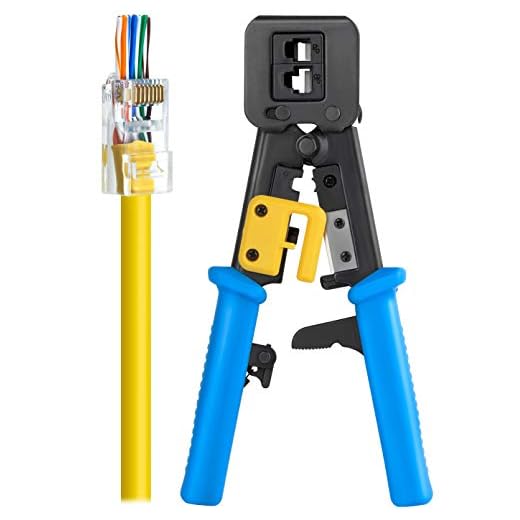 RJ45 Crimp Tool for Pass Through Connector End | EZ Cut, Strip, Crimp Electrical Cable | Heavy Duty Crimper for RJ11 & RJ45 Plugs | Professional Networking Cat5/5e & Cat6, Tools & Accessories