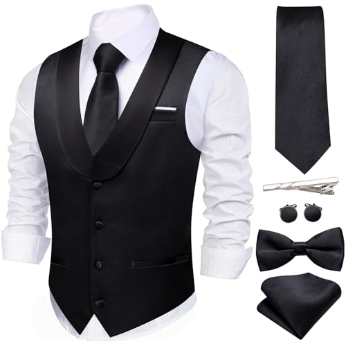 Barry.Wang Mens Formal Suit Vest Casual Business Waistcoat Tie Bowtie Set Shawl Collar Slim Fit Vest Wedding Party